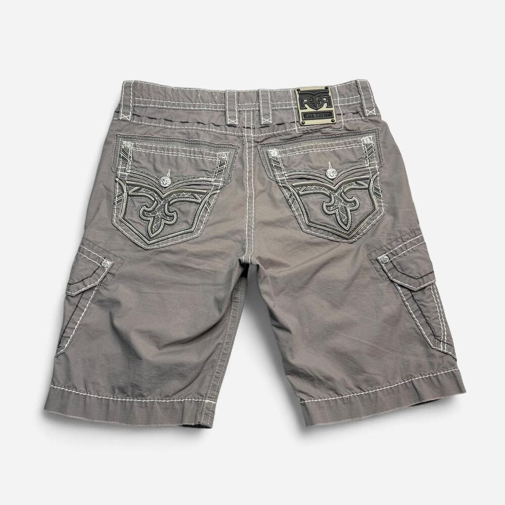 Rock Revival Men’s 33 Gray Cargo Shorts Fleur De Lis Y2K Heavy Stitch Classic